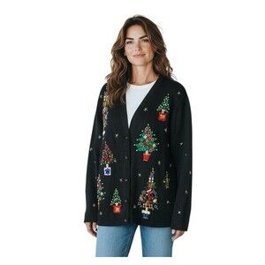 Vtg Victoria Jones Christmas Cardigan Sweater L Heavily Embellished Rhinestones